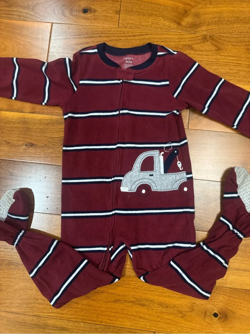 Carter's Burgundy Striped Tow Truck Footed One-Piece Pajama- size 5T